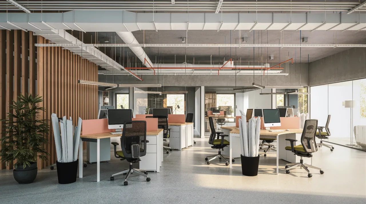 Interior render of an open-plan design office
