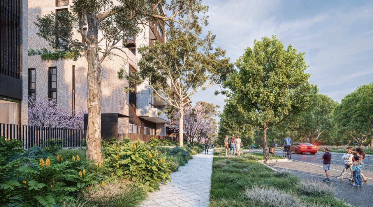 Aerial exterior render of a landscaped apartment development