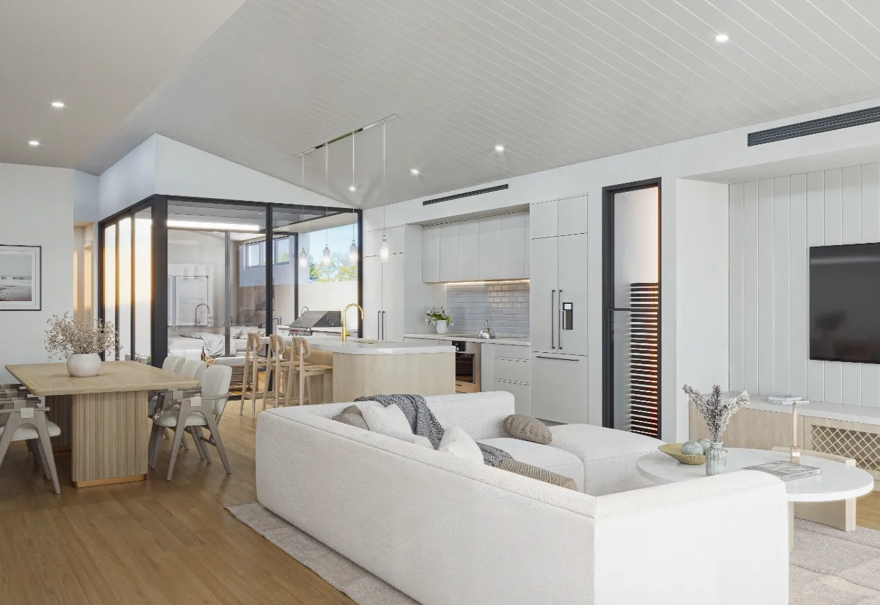 Interior render of an open-plan living and dining space
