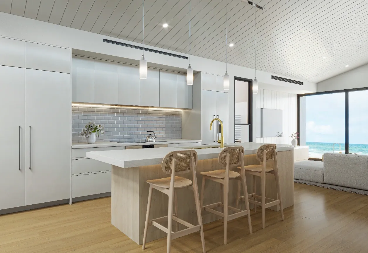 Detailed kitchen render with timber joinery and stone benchtop