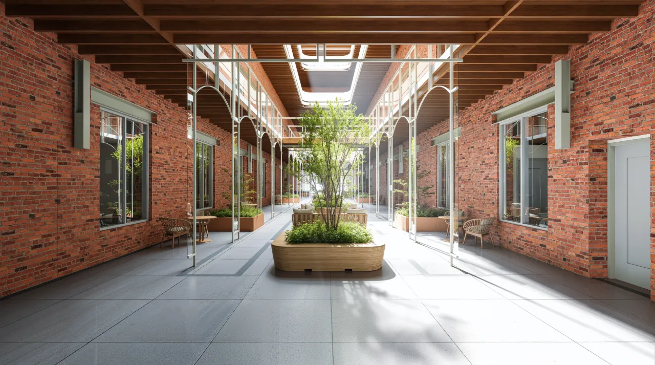 Courtyard render with brick arcades and a central tree
