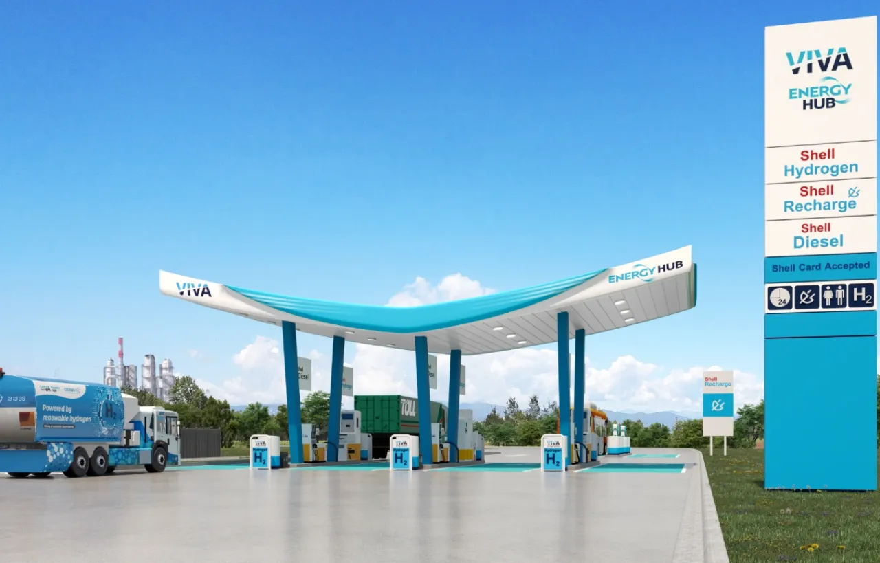 Futuristic hydrogen station render with glass canopy