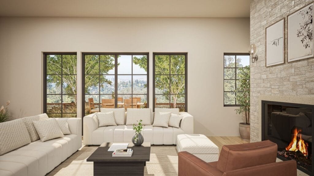 Modern luxury living room with fireplace and scenic views by Realistic 3D