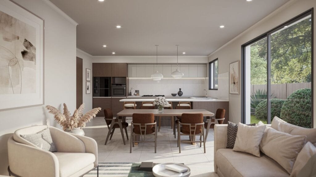 Modern open-plan kitchen dining living interior by Realistic 3D