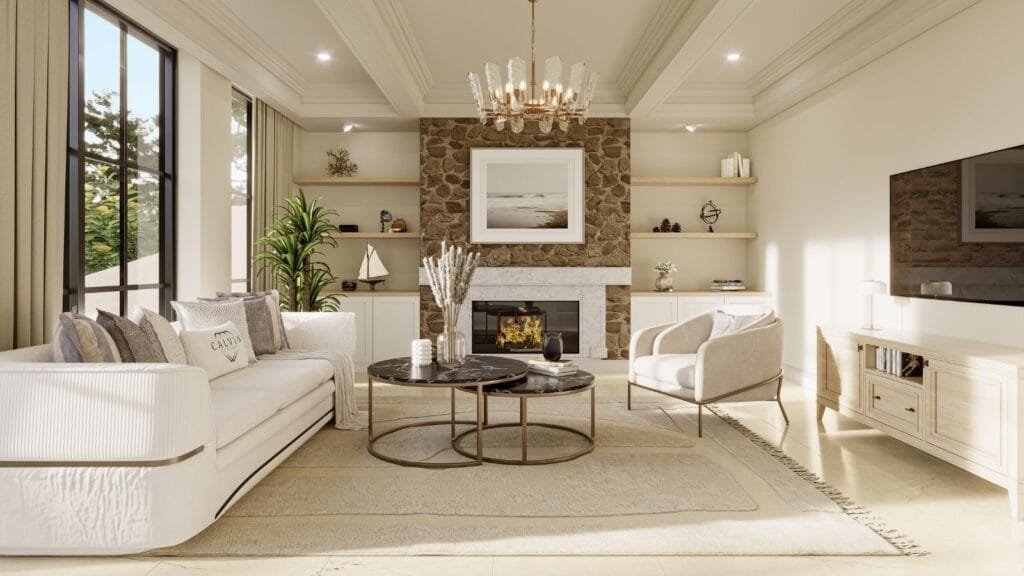 Realistic 3D elegant living room interior with stone fireplace