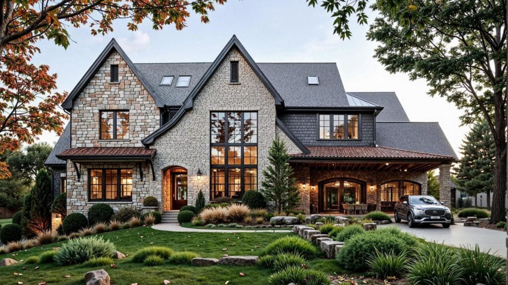Traditional stone residence with dramatic gabled roofs and lush landscaping by Realistic 3D