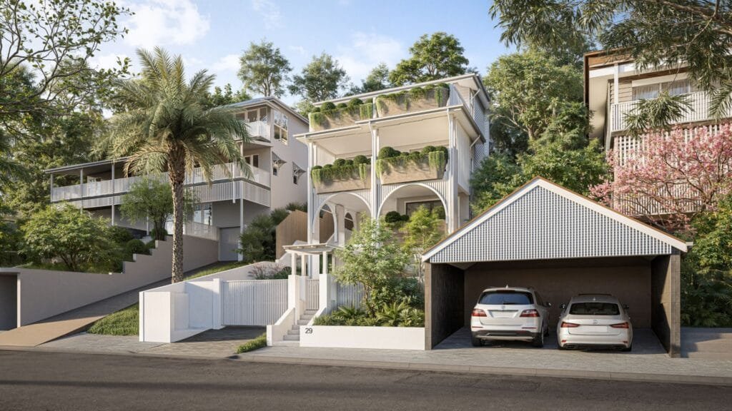 Modern multi-level residence with landscaped terraces and covered parking by Realistic 3D