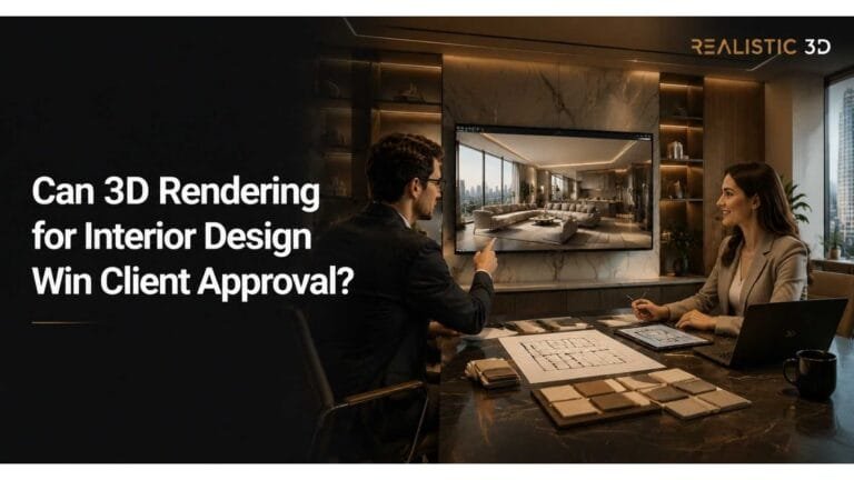 Interior designer presenting 3D render with organized client revision workflow.