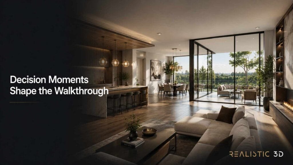 Luxury open-plan interior highlighting key decision point in architectural walkthrough visualization