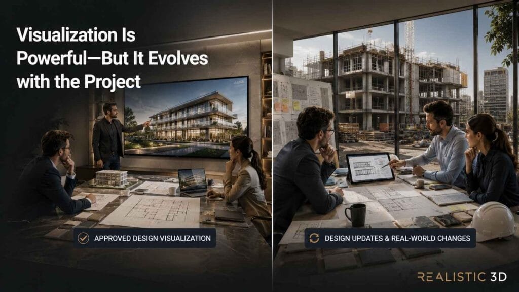Architectural animation comparing approved visualization with evolving construction design updates.