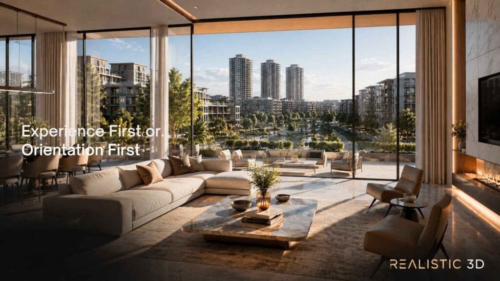 Luxury interior overlooking master planned community, blending walkthrough experience with site context.