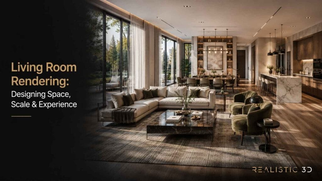 Luxury open-plan interior rendering highlighting spatial flow, furniture scale, and daylight