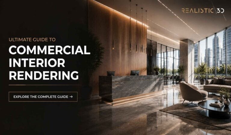 Photorealistic commercial office lobby with prospective tenants discussing a modern workspace