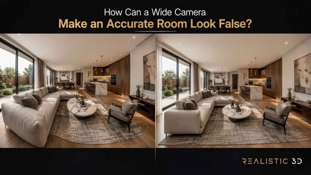 Luxury interior rendering comparison showing wide-angle and realistic room perspectives