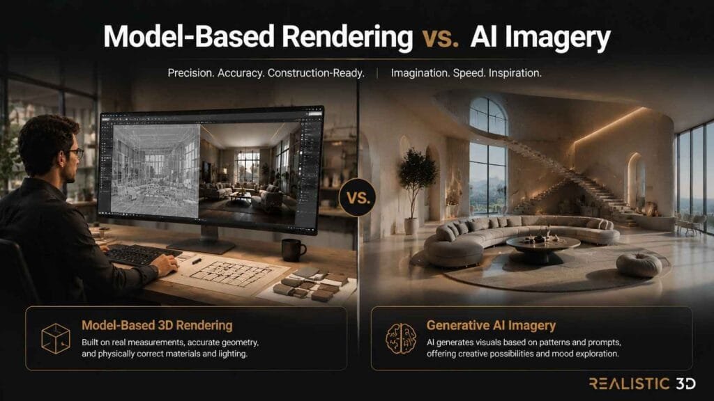 Model-based rendering versus AI imagery for architectural visualization comparison.