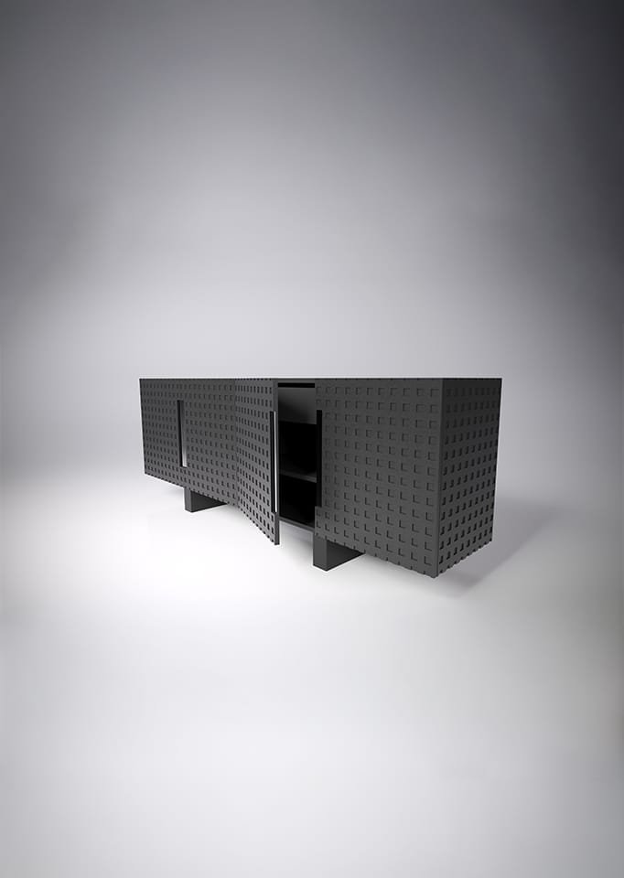 Modern black perforated panel TV cabinet 3D product render by Realistic 3D