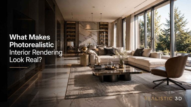 Wide-angle versus realistic interior rendering perspective comparison in luxury living space
