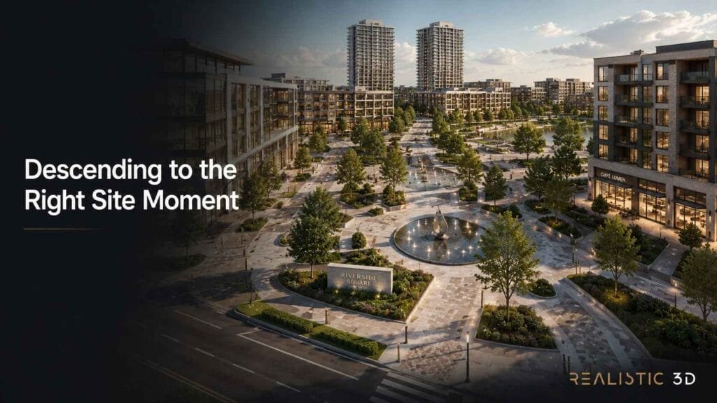 
Low aerial architectural view showcasing a central plaza within a luxury masterplan.