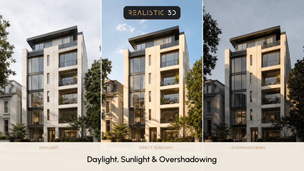 Can renders show daylight, sunlight, and overshadowing context?