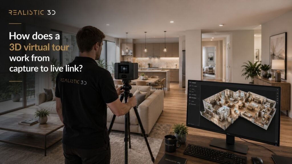 Modern apartment captured with 3D scanning equipment for virtual tours, Realistic3D.