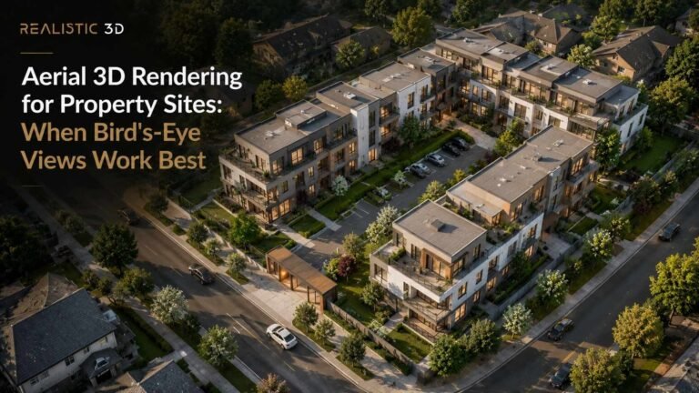 Bird’s-eye architectural visualization of modern properties, landscaped gardens, roads, and parking, Realistic3D.