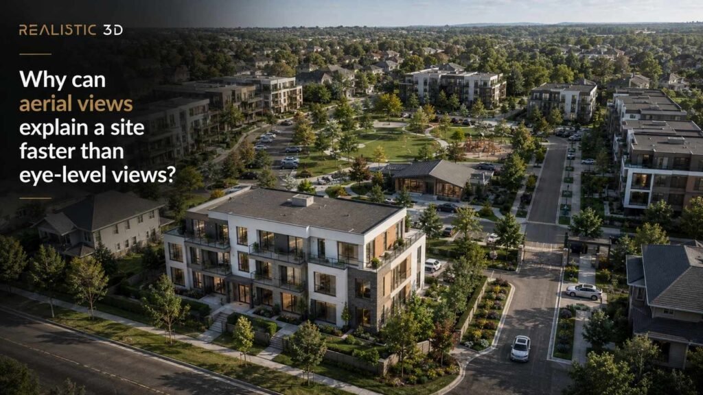 Photorealistic drone view of contemporary apartments connected by landscaped public spaces, Realistic3D.