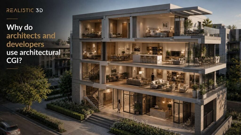 Architectural CGI cutaway illustrating vertical spatial relationships and realistic furnished interiors, Realistic3D.