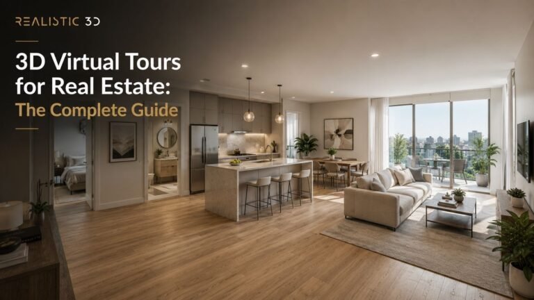 Professional 3D scanning camera capturing a modern apartment virtual tour, Realistic3D