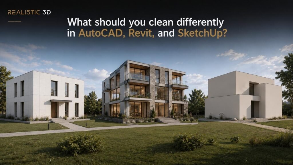 Architectural visualization showing simple geometry, coordinated modeling, and conceptual massing, Realistic3D.