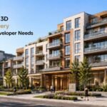 Modern property development illustrating exterior architecture, interiors and site context, Realistic 3D.