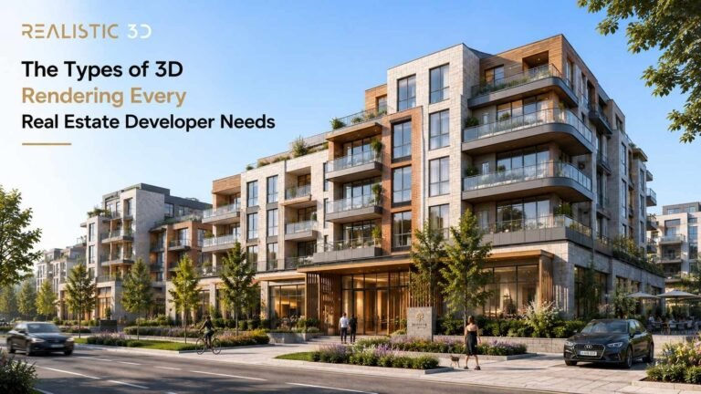 Modern property development illustrating exterior architecture, interiors and site context, Realistic 3D.