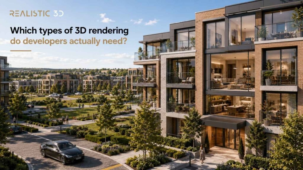 Photorealistic apartment building showing exterior, interior spaces and site context, Realistic 3D.