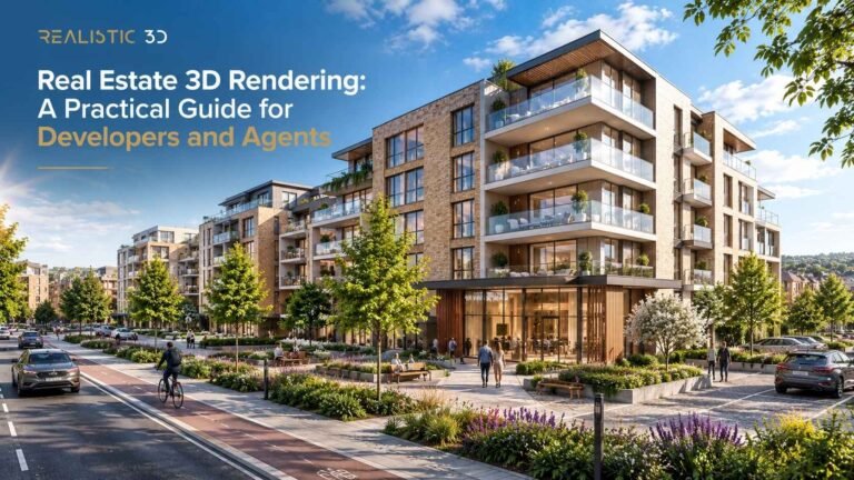 Property buyers viewing a residential development during construction, Realistic 3D.