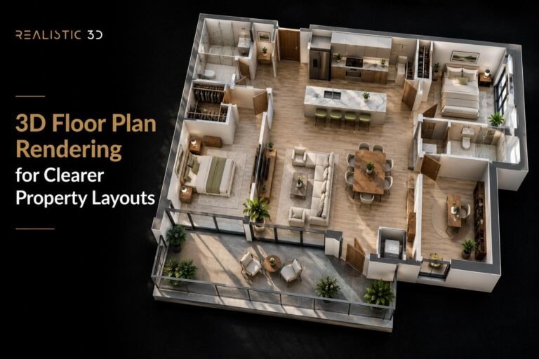 Architectural studio displaying 2D floor plan beside accurate 3D apartment visualization, Realistic3D.