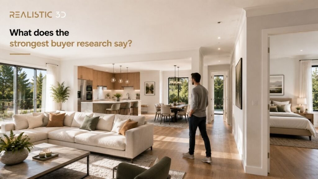 Contemporary residential interior showing connected rooms and daylight by Realistic 3D