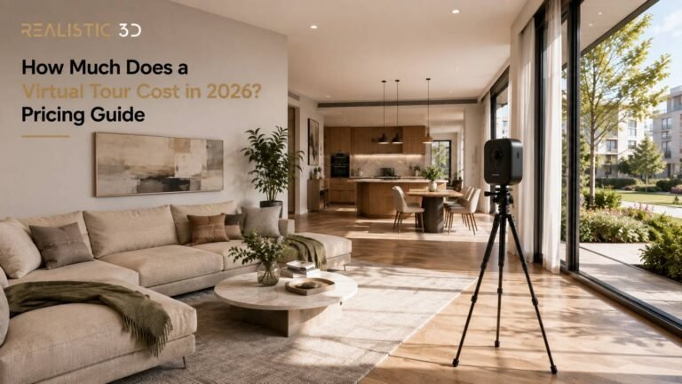 Spacious contemporary residential interior with connected living spaces by Realistic 3D