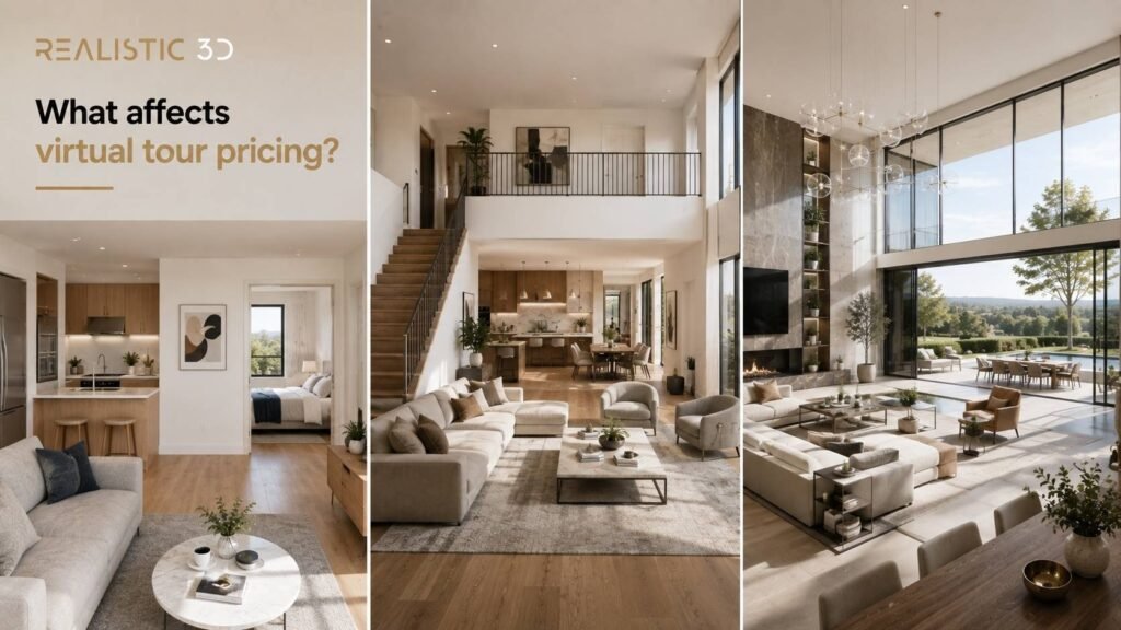 Luxury residential interior with living, dining, kitchen and terrace by Realistic 3D.
