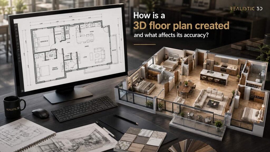 Architectural studio showing CAD floor plan beside 3D apartment, Realistic3D