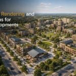 Aerial masterplan rendering showing residential buildings, parks, roads, and public spaces, Realistic 3D