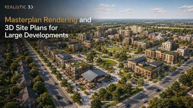 Aerial masterplan rendering showing residential buildings, parks, roads, and public spaces, Realistic 3D