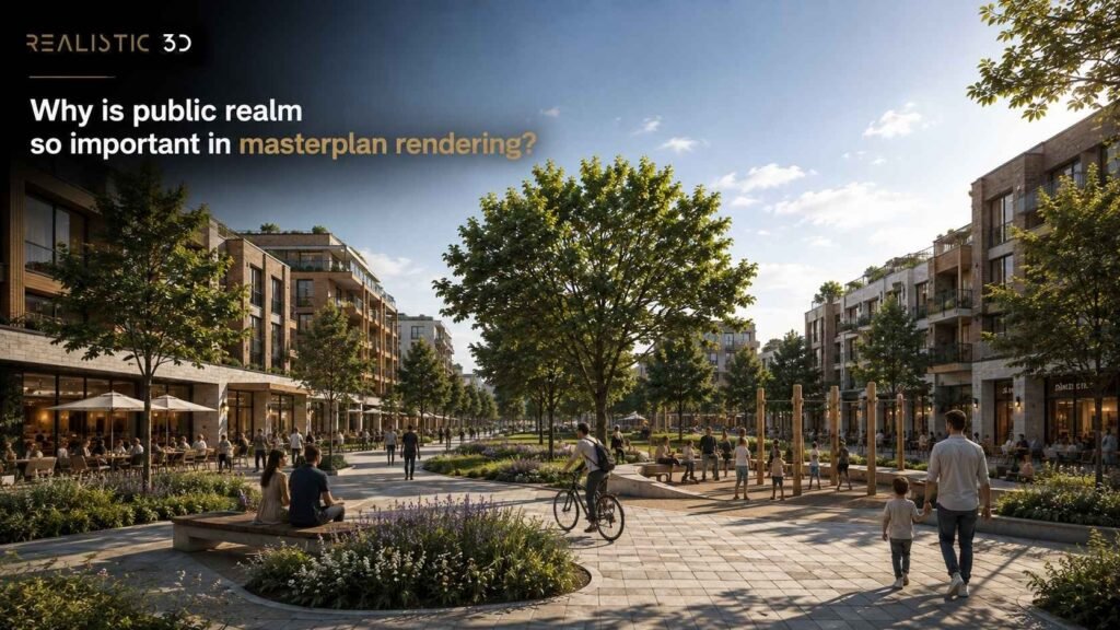 Human-scale landscaped plaza linking buildings, pedestrian routes, greenery, and amenities, Realistic 3D